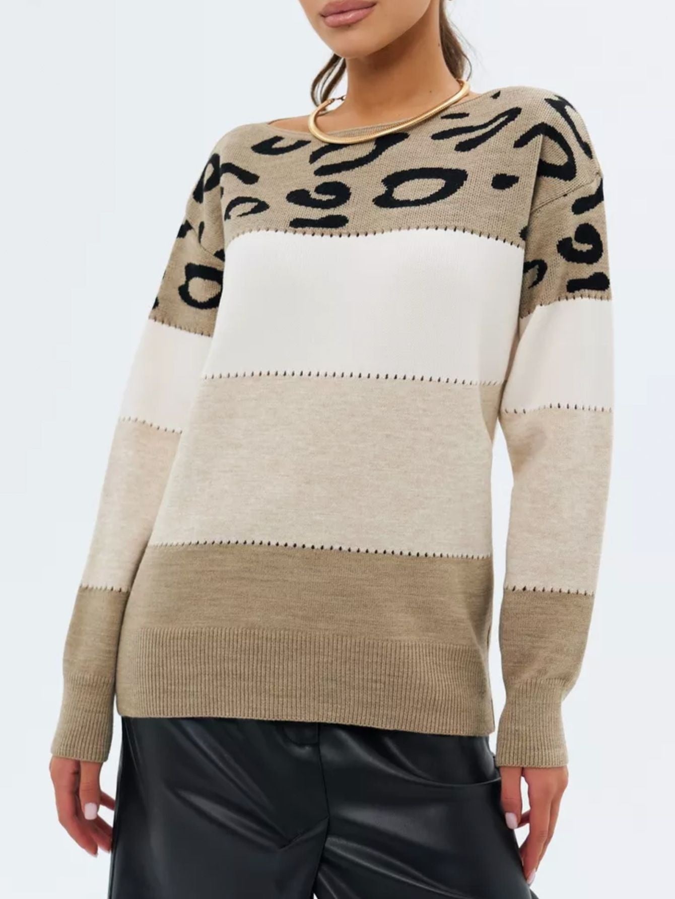 Women's Leopard Print Color-block Crew Neck Casual Sweater Long Sleeve Bottoming Shirt