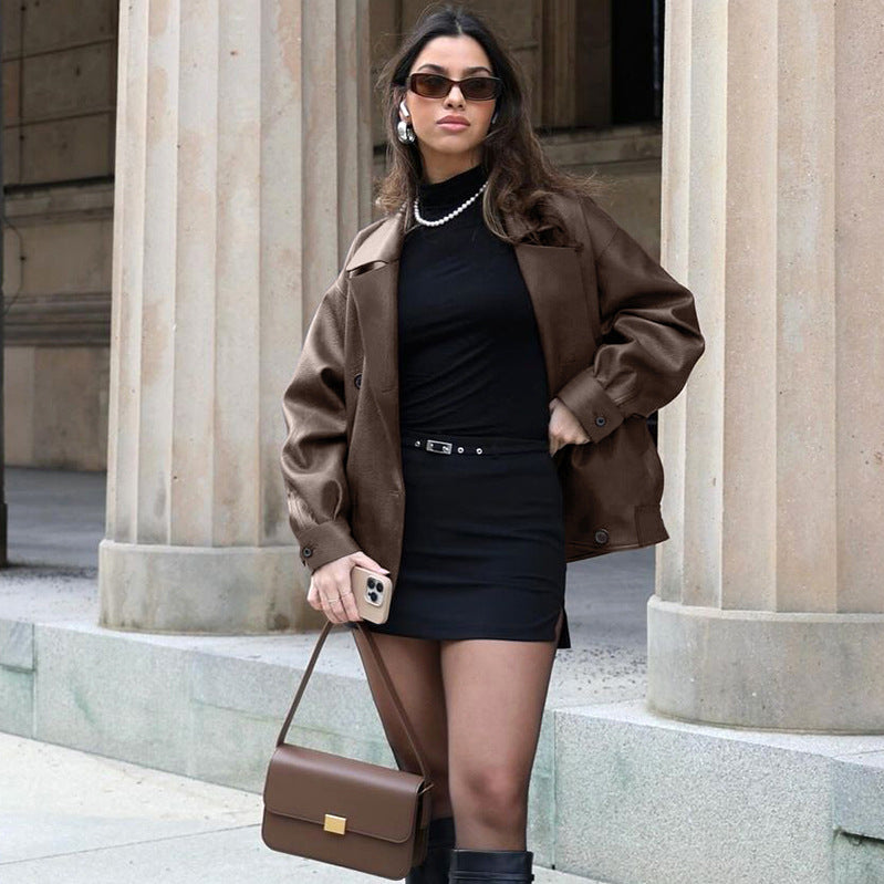 Manteau en cuir ample à col élégant pour femme