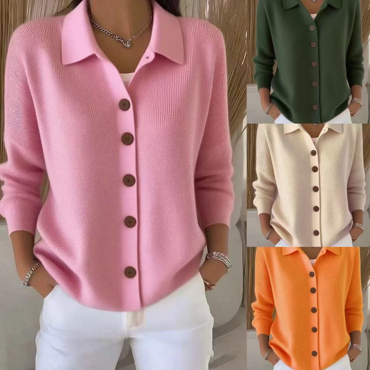 Cardigan-manteau à col revers tricoté à boutons pour femme