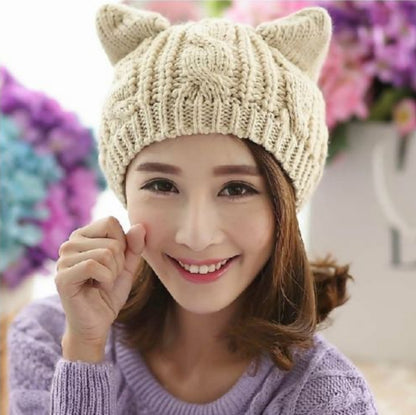 Bonnet Femme Tricoté Main avec Oreilles de Chat