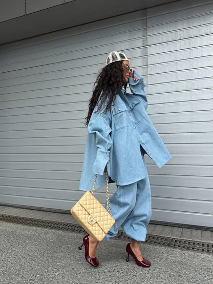 Light Blue Denim Oversized Shirt And Baggy Pants Set