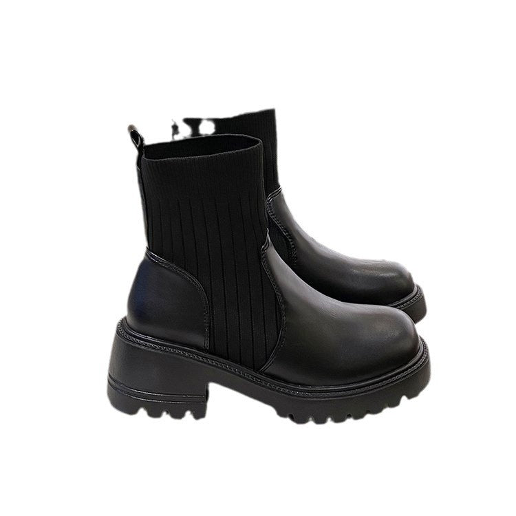 Bottines Femme en Maille Patchwork – Semelle Épaisse, Talon Carré