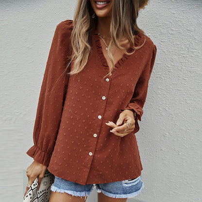 Chemise décontractée à manches longues, col en V,