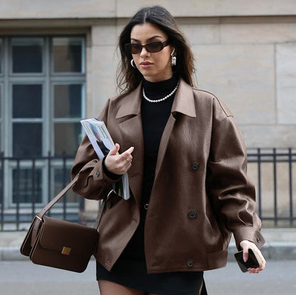Manteau en cuir ample à col élégant pour femme