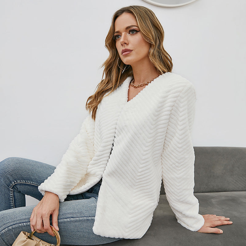 Veste en fausse fourrure à col en V pour femme