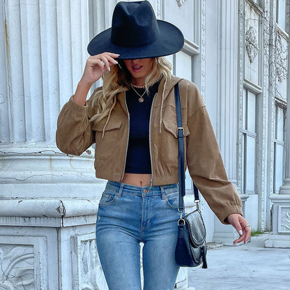 Veste Femme en Velours Côtelé à Capuche