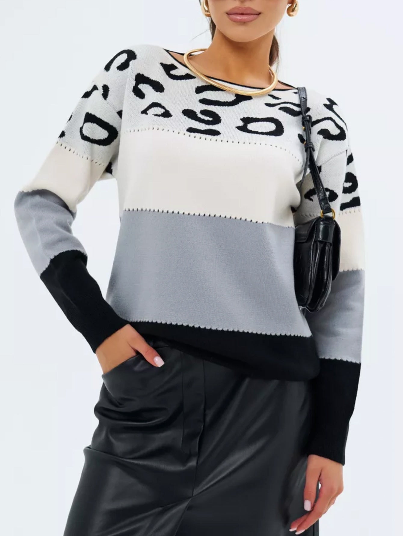 Women's Leopard Print Color-block Crew Neck Casual Sweater Long Sleeve Bottoming Shirt