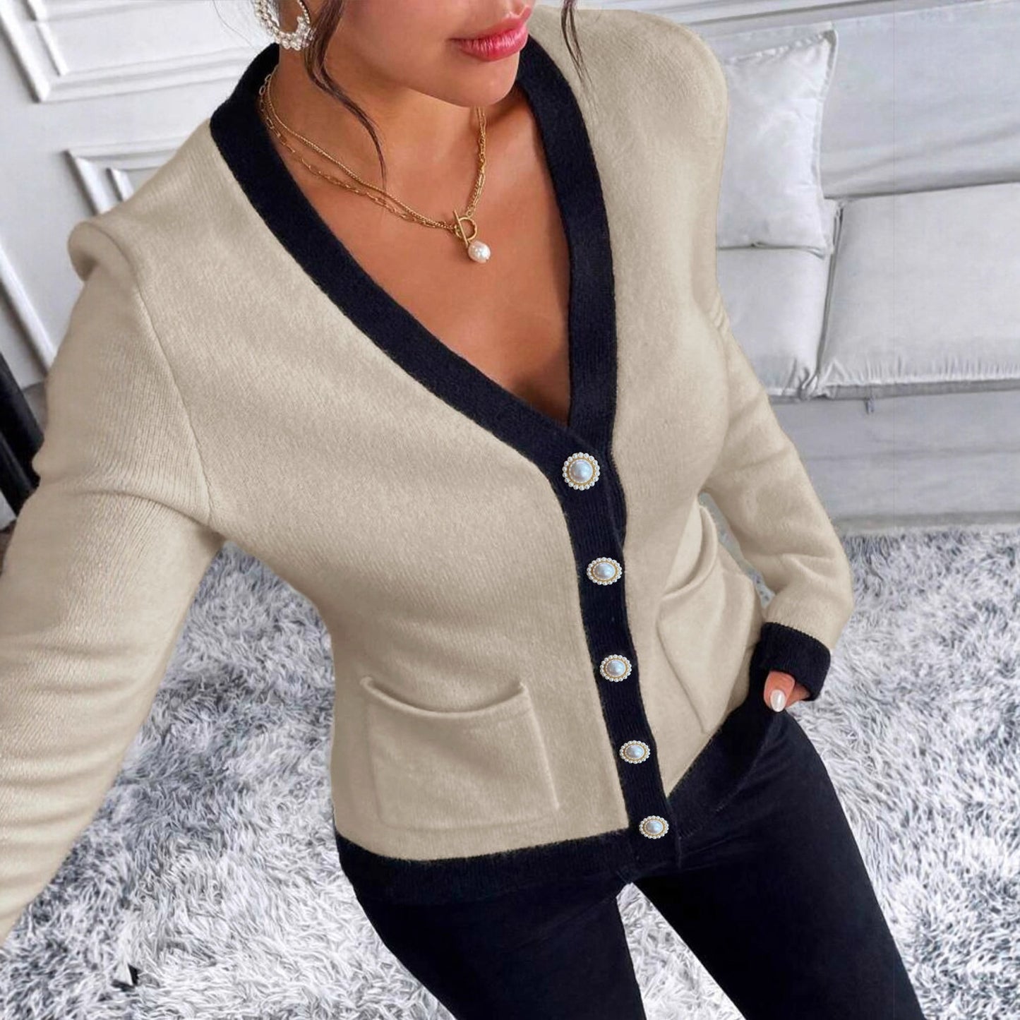 Cardigan Femme Élégant à Col V Boutonné
