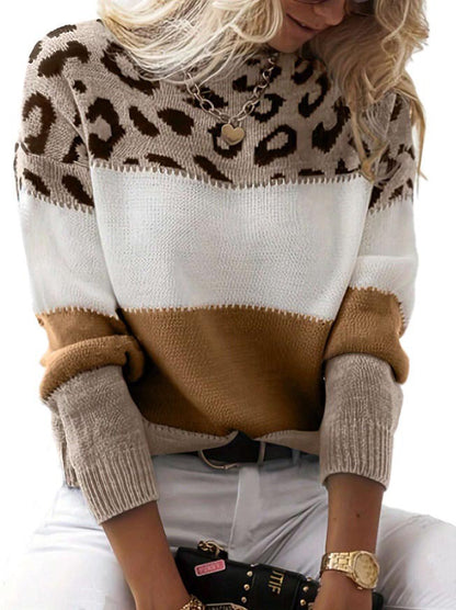 Women's Leopard Print Color-block Crew Neck Casual Sweater Long Sleeve Bottoming Shirt