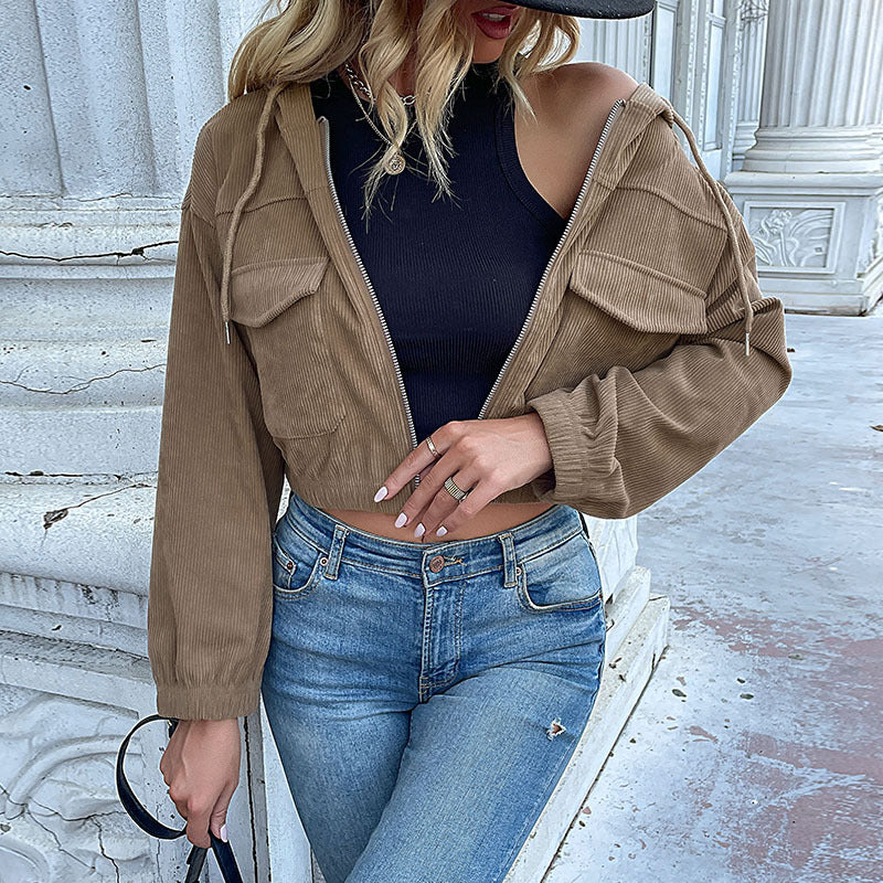 Veste Femme en Velours Côtelé à Capuche