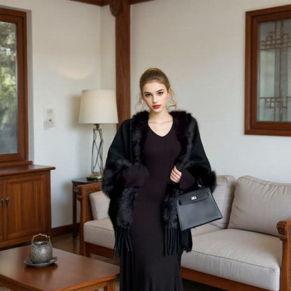 Cape en laine double face pour femme, en laine et cachemire filée