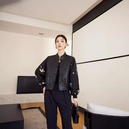 Manteau en cuir cousu de style rétro