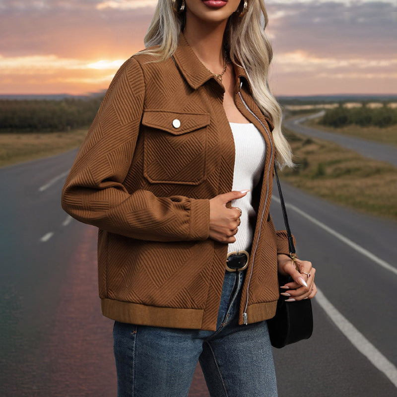 Veste décontractée à col à revers, texture unie, manches longues pour femme