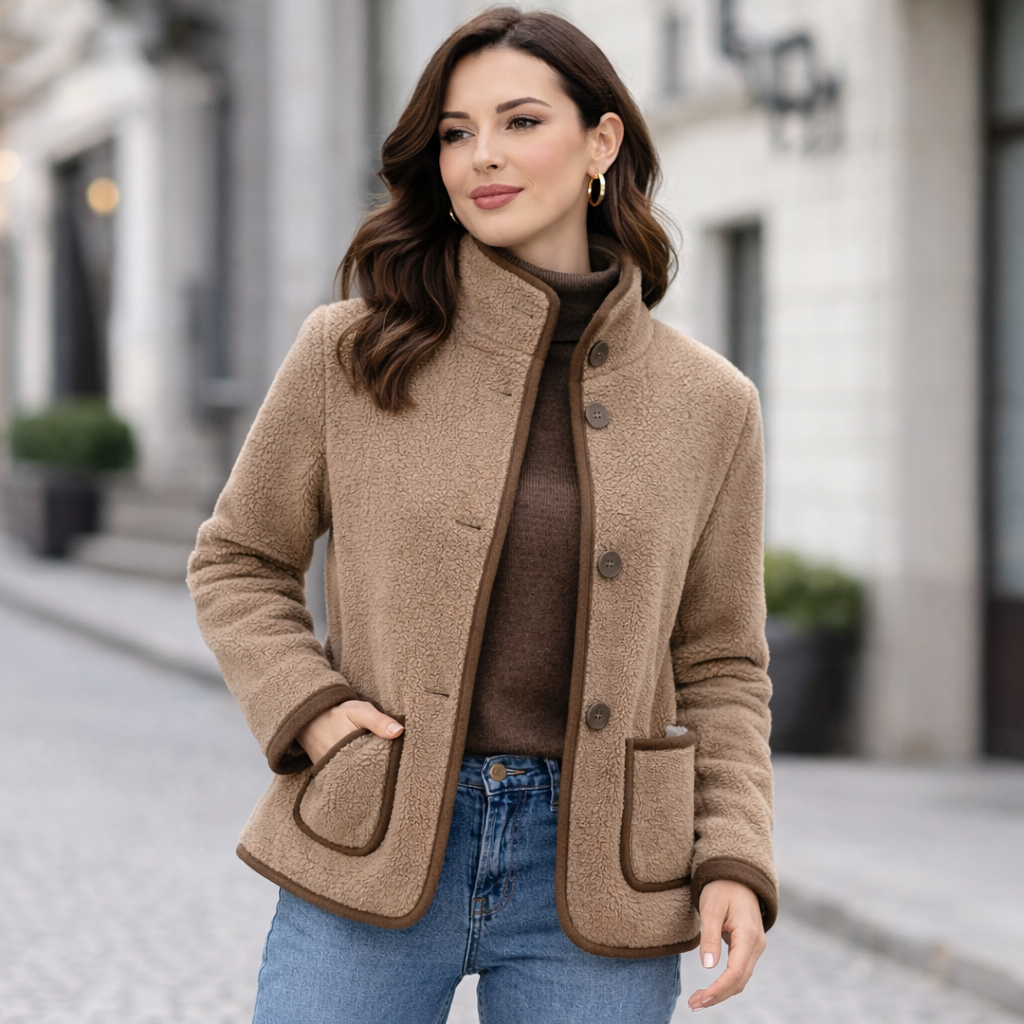 Manteau en laine d'agneau à col rond kaki pour femme