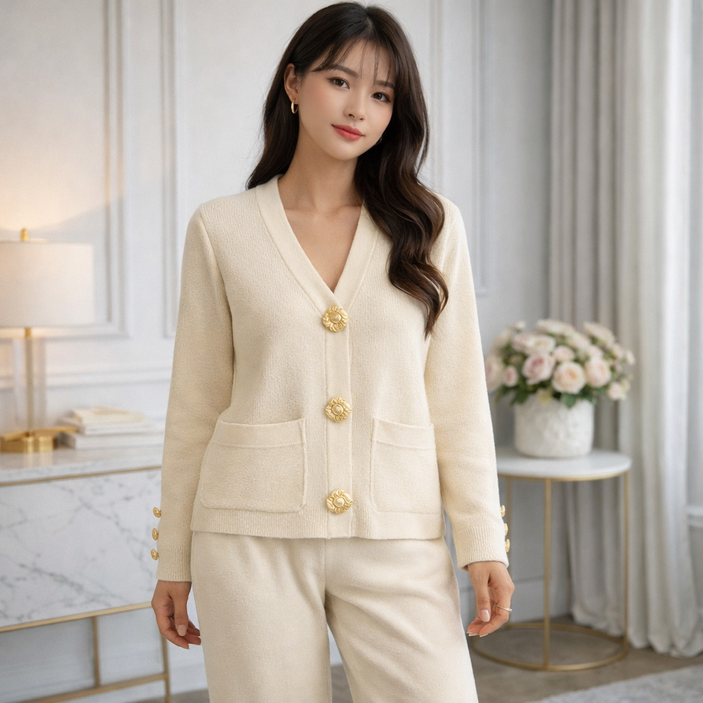 Ensemble Cardigan Femme en Maille – Chic Décontracté & Boucle Métallique