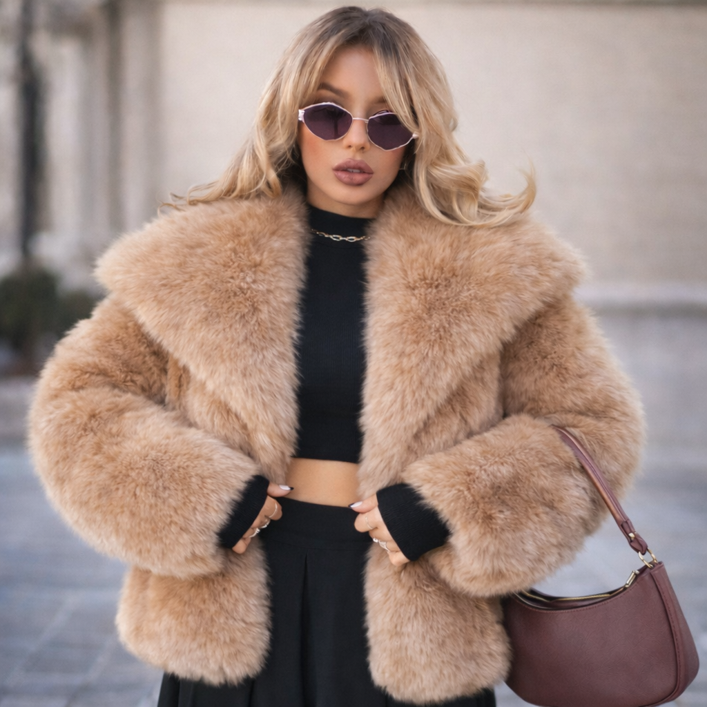 Manteau Femme Uni Polyvalent à Col en Fausse Fourrure