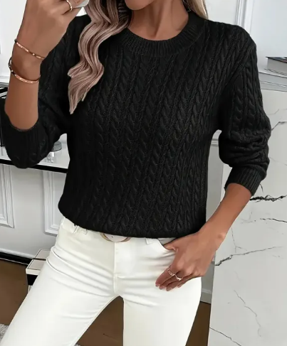 Pull Femme Torsadé Col Rond – Maille Unie Élégante à Manches Longues