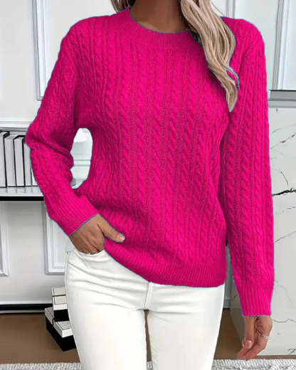 Pull Femme Torsadé Col Rond – Maille Unie Élégante à Manches Longues