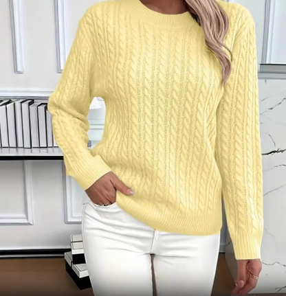 Pull Femme Torsadé Col Rond – Maille Unie Élégante à Manches Longues