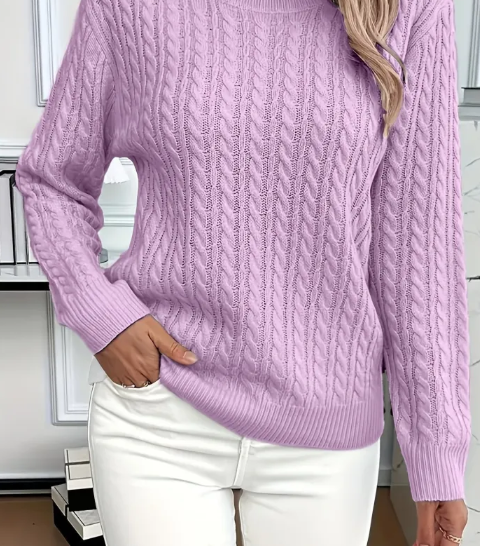 Pull Femme Torsadé Col Rond – Maille Unie Élégante à Manches Longues