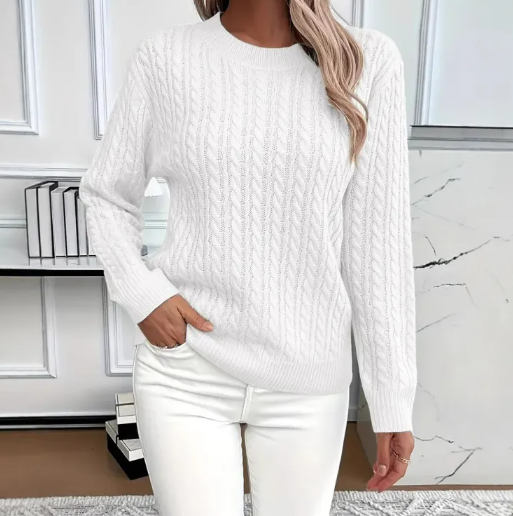 Pull Femme Torsadé Col Rond – Maille Unie Élégante à Manches Longues