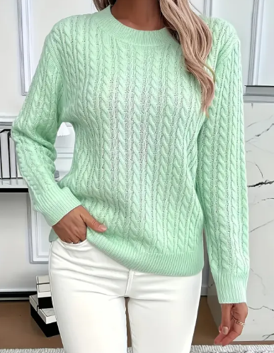 Pull Femme Torsadé Col Rond – Maille Unie Élégante à Manches Longues