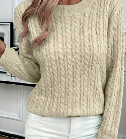 Pull Femme Torsadé Col Rond – Maille Unie Élégante à Manches Longues