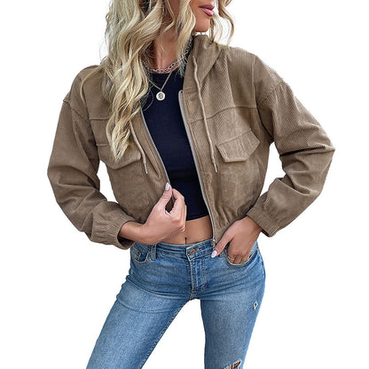 Veste Femme en Velours Côtelé à Capuche