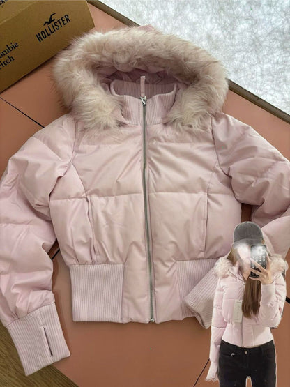 Veste Femme Courte à Capuche et Col en Fausse Fourrure